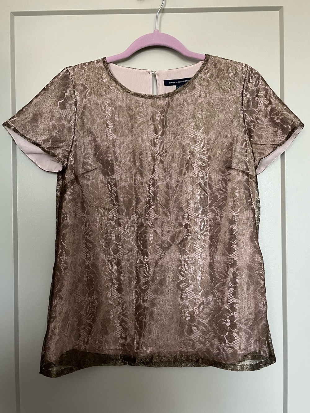 French Connection Metallic Lace-Effect Short Sleeve Top